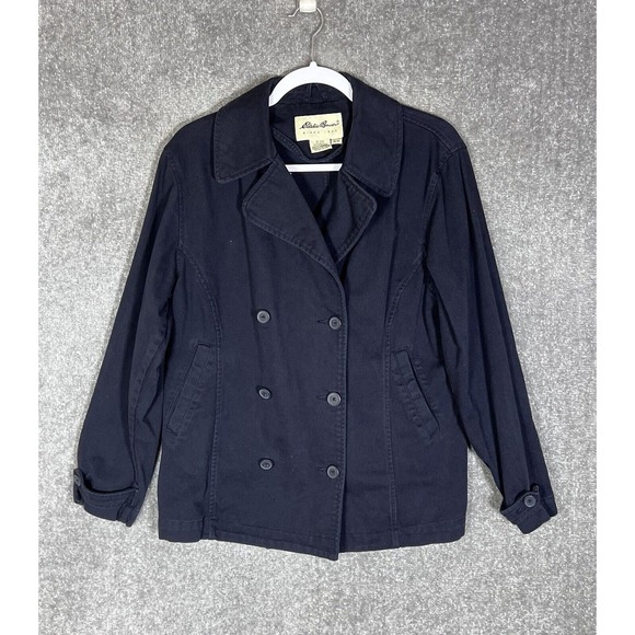 Eddie Bauer Double Breasted Denim Peacoat Jacket Womens Size Medium Blue Pockets - Picture 1 of 5